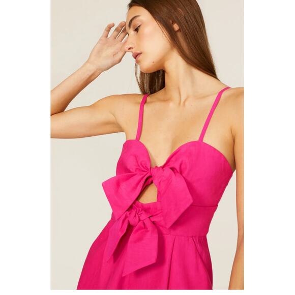 Milly Romper Womens 6 Pink Anya Sweetheart Neckline Tie Bow Cutout Linen - Picture 3 of 13